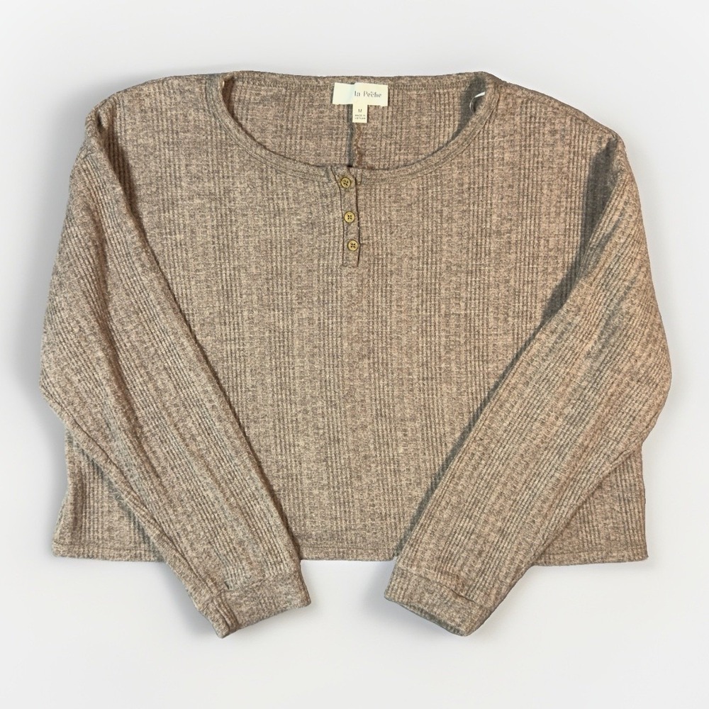 La Peche Henley Top Womens M Brown Cropped Waffle Knit Long Sleeve Cozy